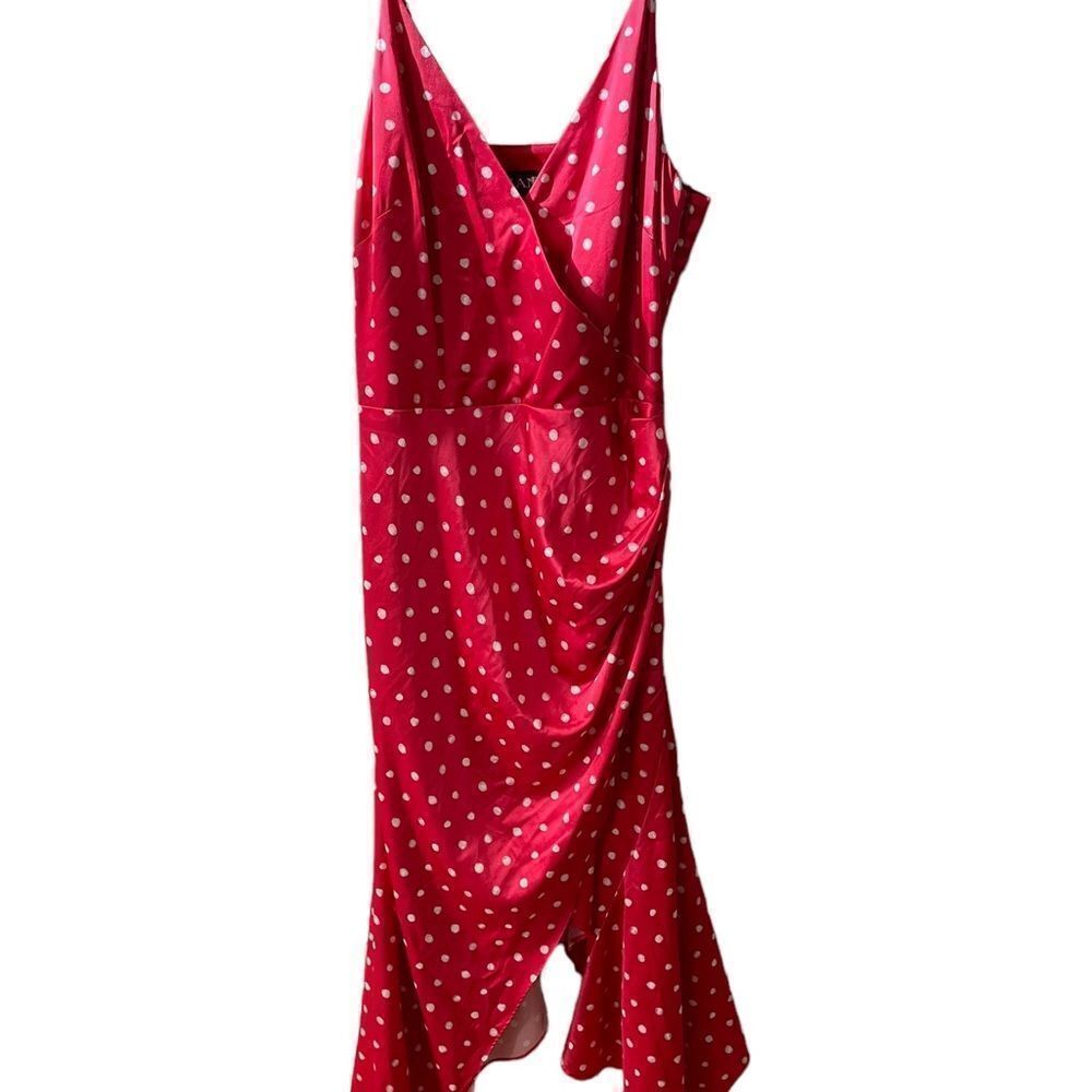 Haney Olivia Red Stretch Satin Polka Dot Handkerchief Hem Midi Dress 4 $890 - Picture 3 of 13